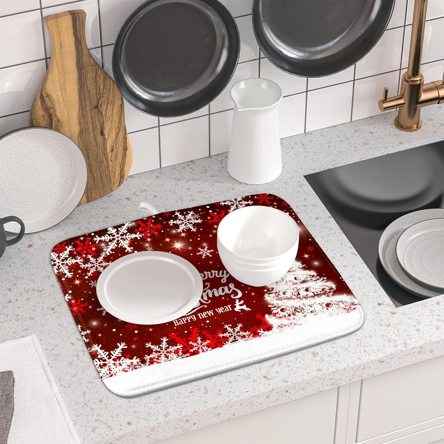 Happy New Year Red Dish Drying Mat for Kitchen Counter,Merry Christmas Tree Snowflake Drying Mat 16 x 18 Inch with High Absorbent Reversible Microfiber Dish Drying Pad Drainer Mat for Coffee Bar