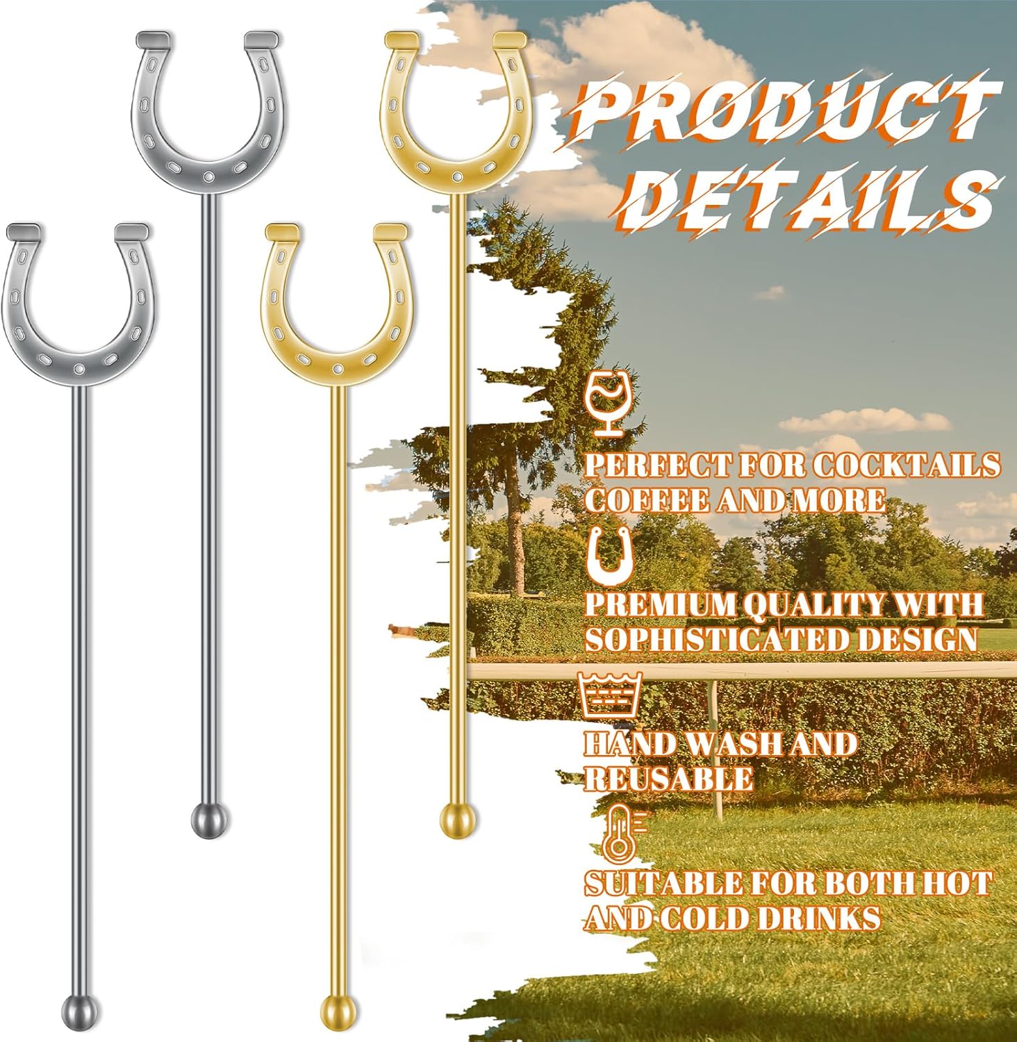 6 Inch Derby Drink Plastic Stirrers Swizzle Sticks for Cocktails Coffee Reusable U Shaped Horseshoe Drink Stirrers for Coffee Beverage Party Bar Weddings Events(Gold,silver,60 Pcs)