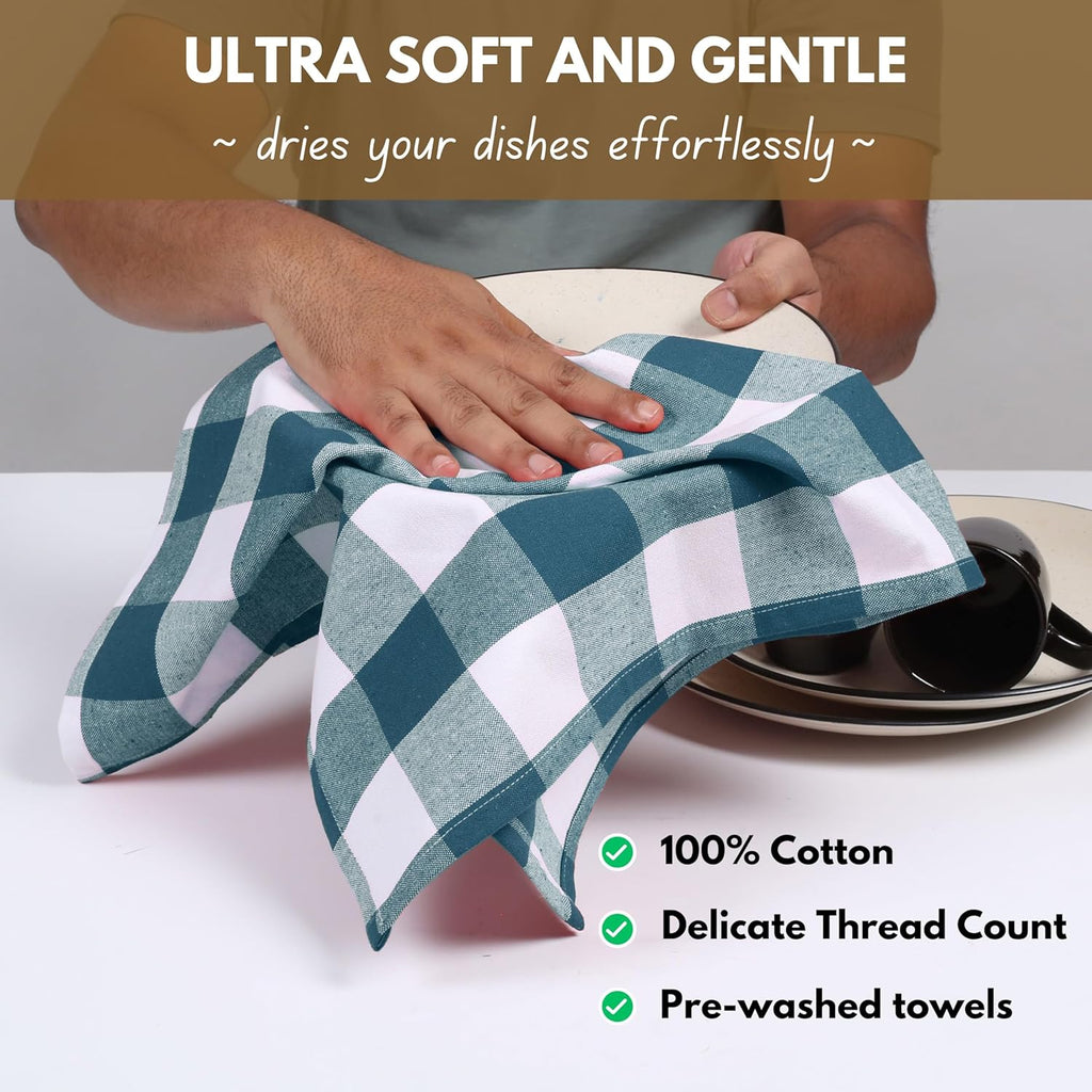 Native Fab 6-Pack Kitchen Towel with Hanging Loop 16x26 inches, Cotton Buffalo Check Kitchen Towels for Cleaning Drying, Washcloths Soft & Absorbent Cloth Rags, Bar Towel, Dish Cloth, Teal Green