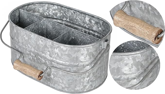 Alpha Living Home Galvanized Metal Utensil Caddy - Rustic Farmhouse Organizer Metal Garden Caddy with 4 Compartments and Wooden Handle for Kitchen, Buffet & Outdoor Events (Silver)