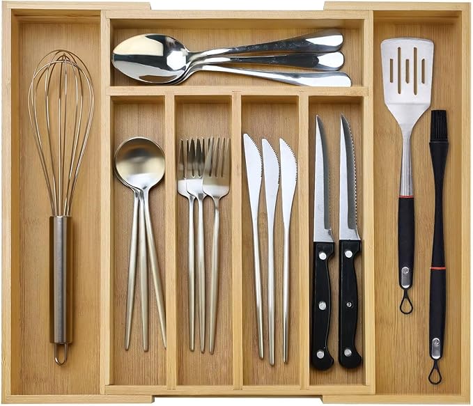 Expandable Large Kitchen Utensil Organizers Bamboo Silverware Drawer Organizer Tray Adjustable Flatware Organizer Fork Spoon Wood Cutlery Tray Cooking Utensils Holder Drawer Divider Silverware Trays