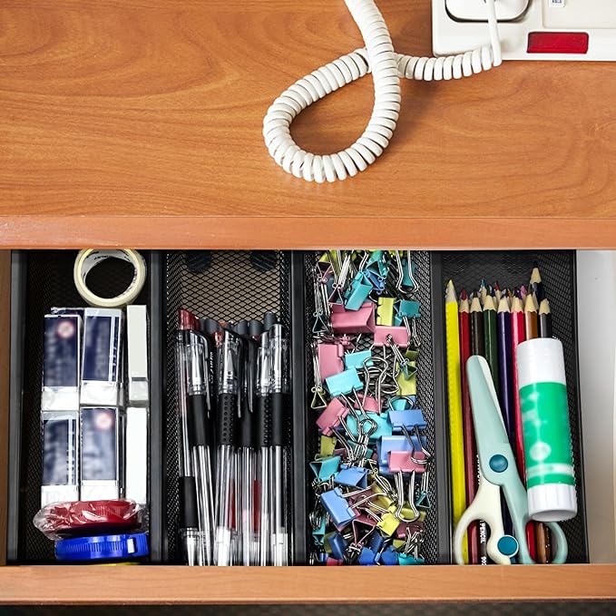 2PCS Drawer Organizer for Kitchen,Utensil Mesh Drawer Organizer with Interlocking Arm for Cosmetic,Flatware,Pen (9 * 3 * 2 Inches,Black)