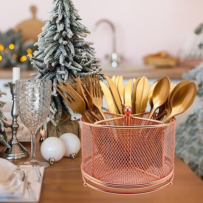 360 Rotating Metal Utensil Caddy - 4 Compartment Silverware Cutlery Holder Fork Spoon Napkin Organizer Flatware Storage Basket Party Countertop Buffet Picnic Camping Outdoor Rose Gold Pink