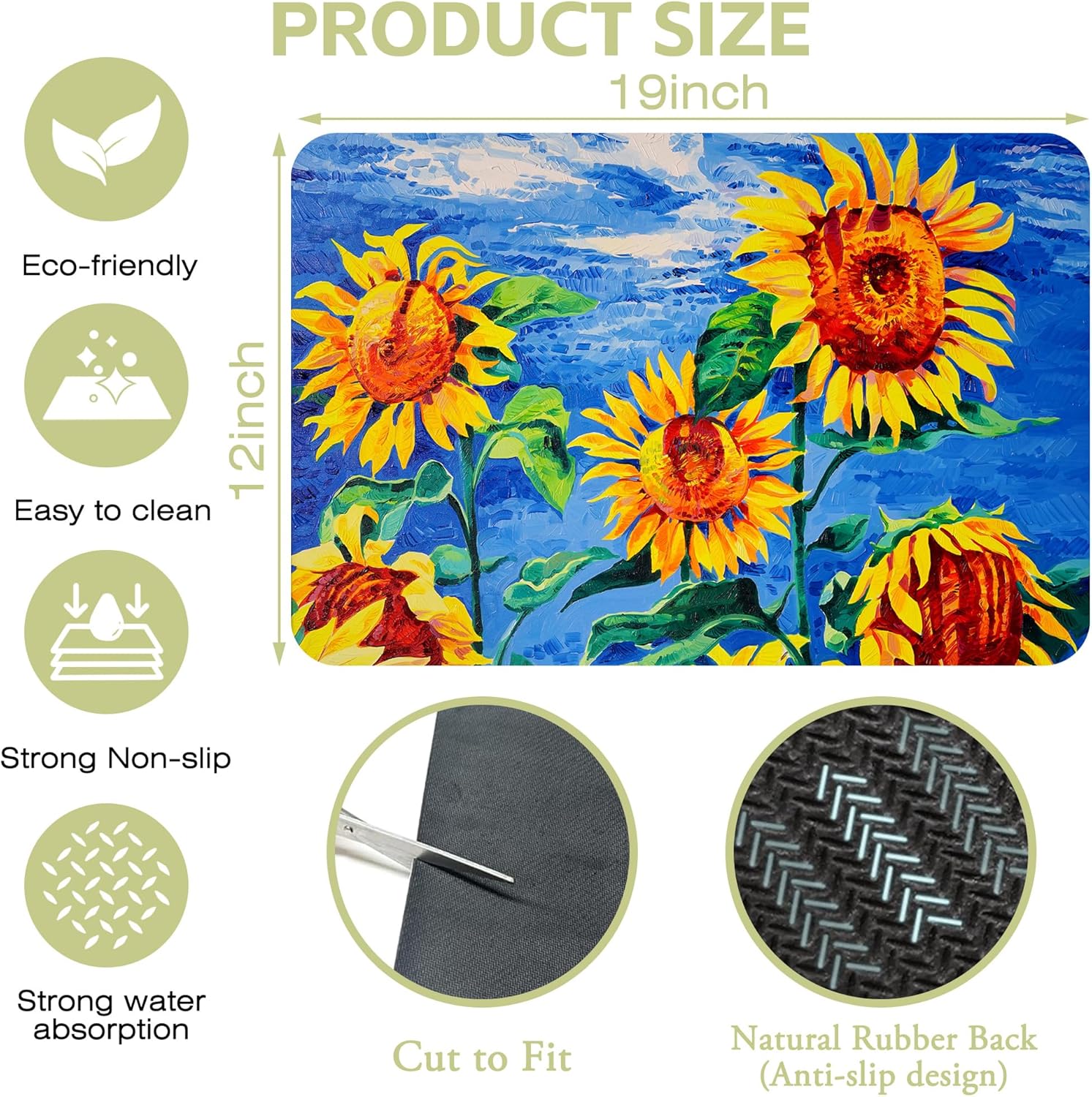 Kitchen Mat Oil Painting Sunflowers Dish Drying Mat 12"x19" Bsorbent Coffee Maker Mat for Sink Dishes or Under Rack Kitchen Counter Accessories Absorbent Hide Stain Rubber Backed Dish Drying Pad