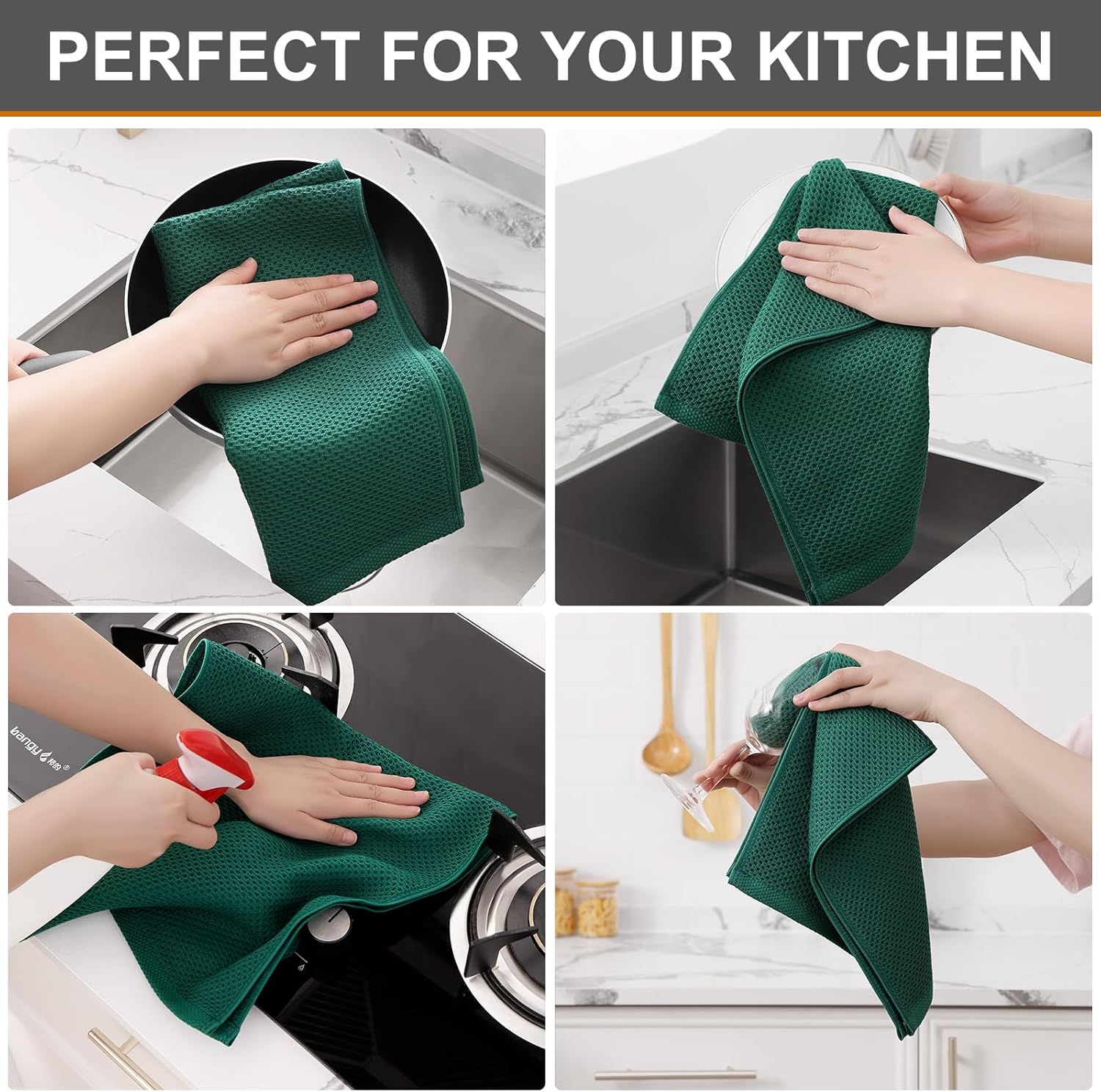 Kitinjoy 100% Cotton Waffle Weave Kitchen Towels, 4-Pack Super Soft and Absorbent Dish Towels for Drying Dishes, Kitchen Hand Towels, 13 in x 28 in, Dark Green