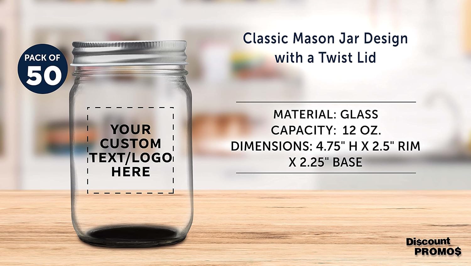 DISCOUNT PROMOS 50 Decorating Mason Jars Set, 12 oz. - Customizable Text, Logo - Canning, Aluminum Lid - Black