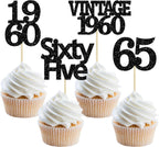 Gyufise 24Pcs Vintage 1960 Cupcake Toppers Glitter Cheers to 65 Fabulous Sixty Five Cupcake Picks 65th Birthday Wedding Anniversary Party Cake Decorations Supplies Black