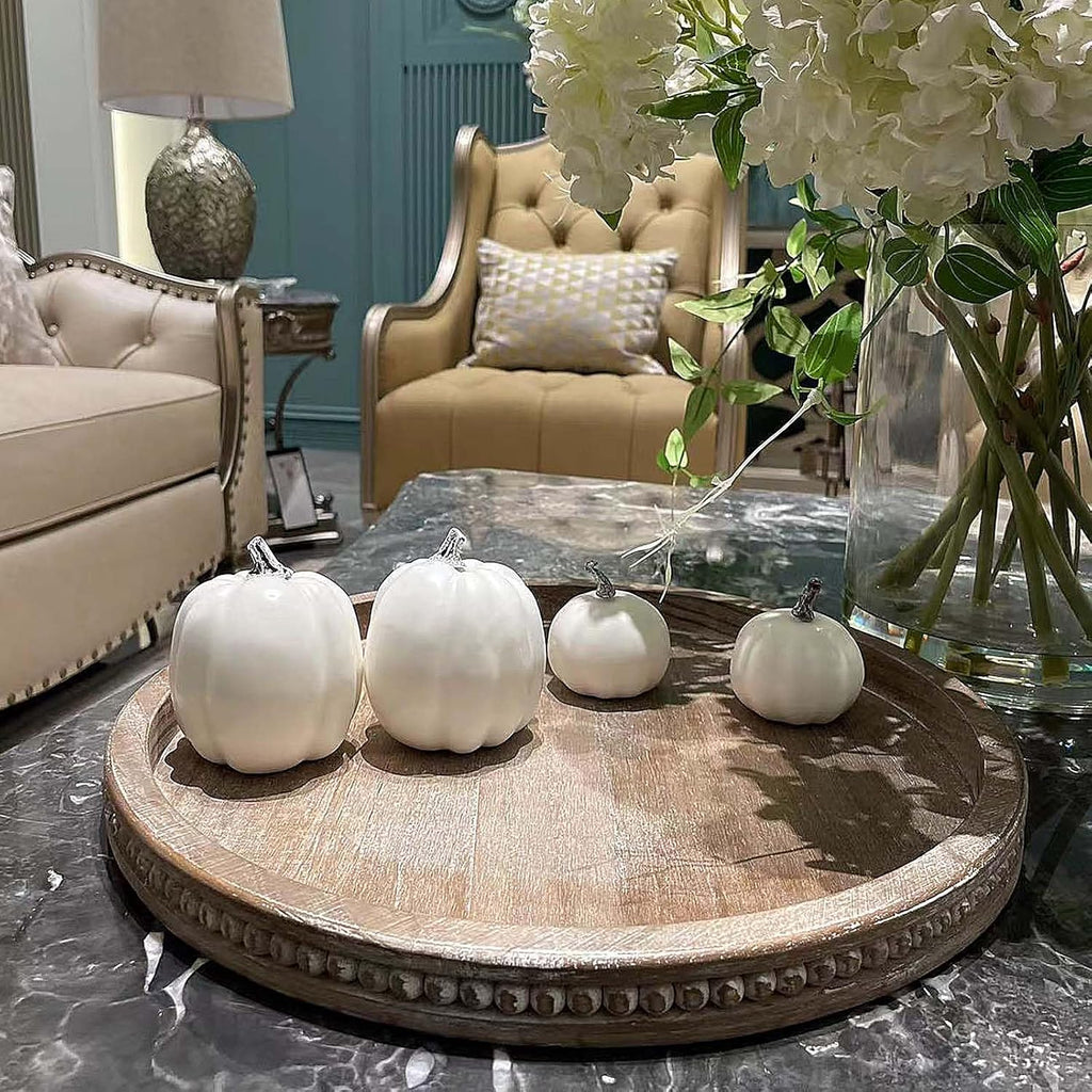 Round Wood Decorative Tray - Brown Washed Bead Tray for Coffee Table Wood Serving Tray Wooden Trays Decor Kitchen Counter Circle Tray Vintage Centerpiece for Living Room Candle Holder (15.75 inch)