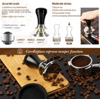 Newest 58mm Espresso Coffee Tamper Adjustable Height with Scale, 30lbs Springs Tamping Strength, Stainless Steel Flat Base, with Mat