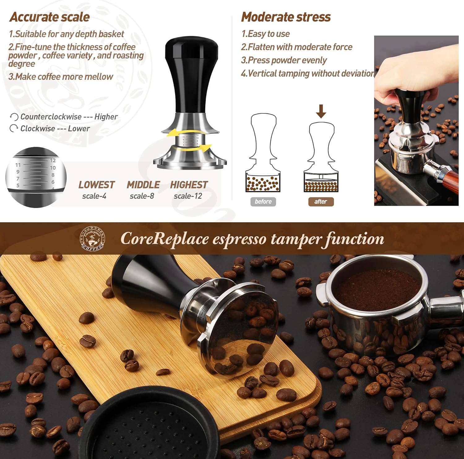 Newest 58mm Espresso Coffee Tamper Adjustable Height with Scale, 30lbs Springs Tamping Strength, Stainless Steel Flat Base, with Mat