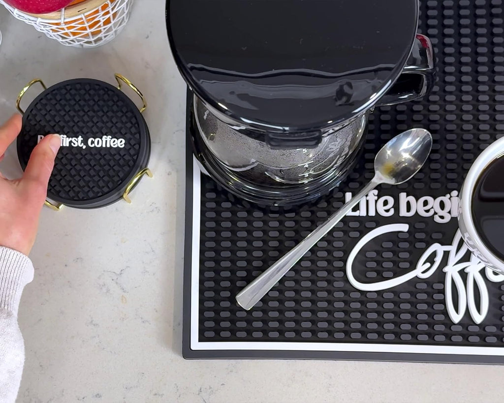 Life Begins After Coffee Bar Mat Sign for Countertop, 18x12 Coffee Machine Mat, Barista Shop Essentials for Your Station, Espresso Machine Protection for Countertop, Silicone Mats for Kitchen Counter
