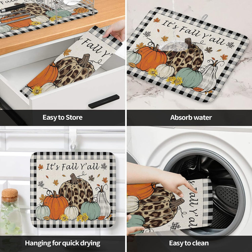 Fall Dish Drying Mat for Kitchen Counter Pumpkin Drying Pad Absorbent Drying Mats for Countertops Sinks Draining Racks Maple Leaves Black Buffalo Plaid Drainer Holiday Harvest Thanksgiving Decor 16x18
