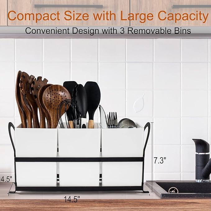 Large Kitchen Utensil Holder, Drainage Utensil Caddy for Countertop, 3pcs Bins Set Cooking Utensil Organizer for Spoons, Spatulas, White