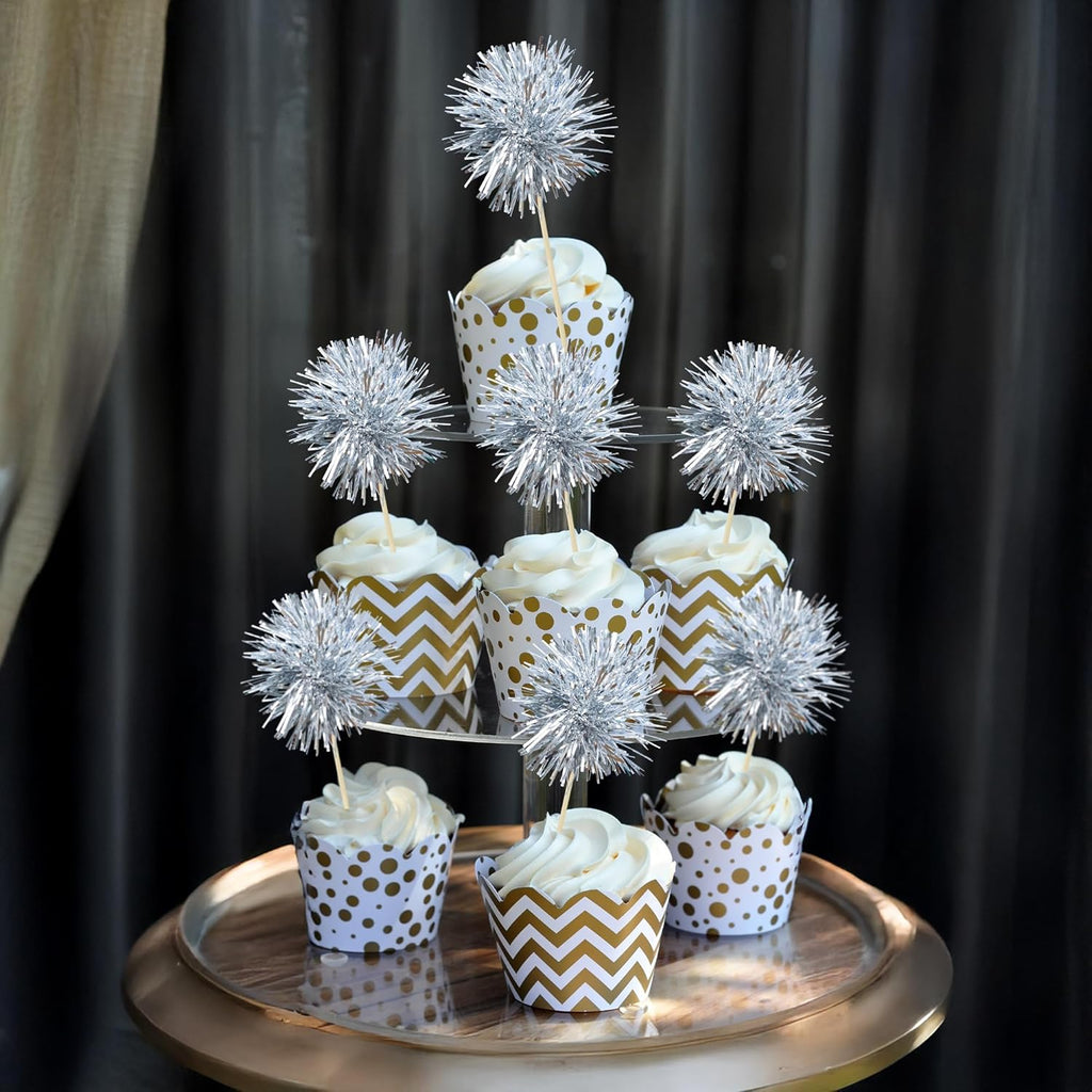 Ephlyn 30Pcs Foil Firework Cupcake Toppers Sparkle Tinsel Cupcake Picks Happy Birthday Cake Toppers Drink Stirrers Cocktail Food Fruit Toothpicks for Baby Shower Birthday Party Supplies Silver