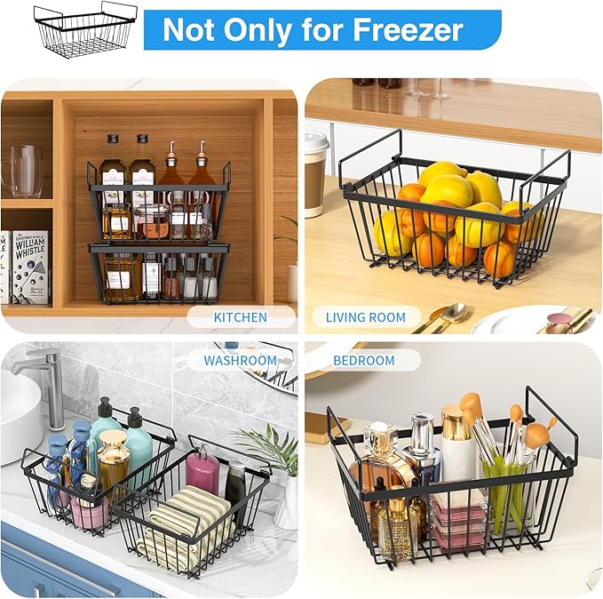 Freezer Organizers bins with Folding Handles，4 Pack Stackable Upright Freezer Organizers baskets for 5-7 Cu.Ft Deep Freezer Storage, Increased Space for Food Storage, Easy to access，Black