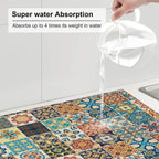 Traditional Multicolor Ornate Dish Drying Mat, Highly Absorbent Microfiber Kitchen Counter Pad Reusable Washable, 16*18"