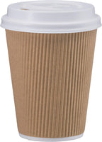 NYHI 100 8 oz Ripple Kraft Paper Cups Brown Hot Cold with Lids 3 Layer Rippled Small Insulated Disposable Coffee Cups for Cappuccino Hot Cocoa or Iced Drinks