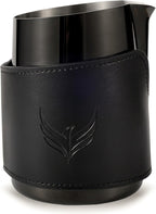 Espresso Pitcher For Latte Art Premium Handleless Design Stainless Steel Pitcher with Leather Sleeve 14oz Milk Frother Jug Gift For Espresso Lovers (Black)