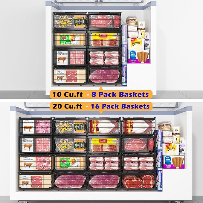 NADAMOO Freezer Organizer Bins, 3 Packs Large Expandable Stackable Chest Freezer Containers with Handle, Metal Adjustable Storage Baskets for Fridge, Deep Freezer, Cabinet, Kitchen, Pantry - Black