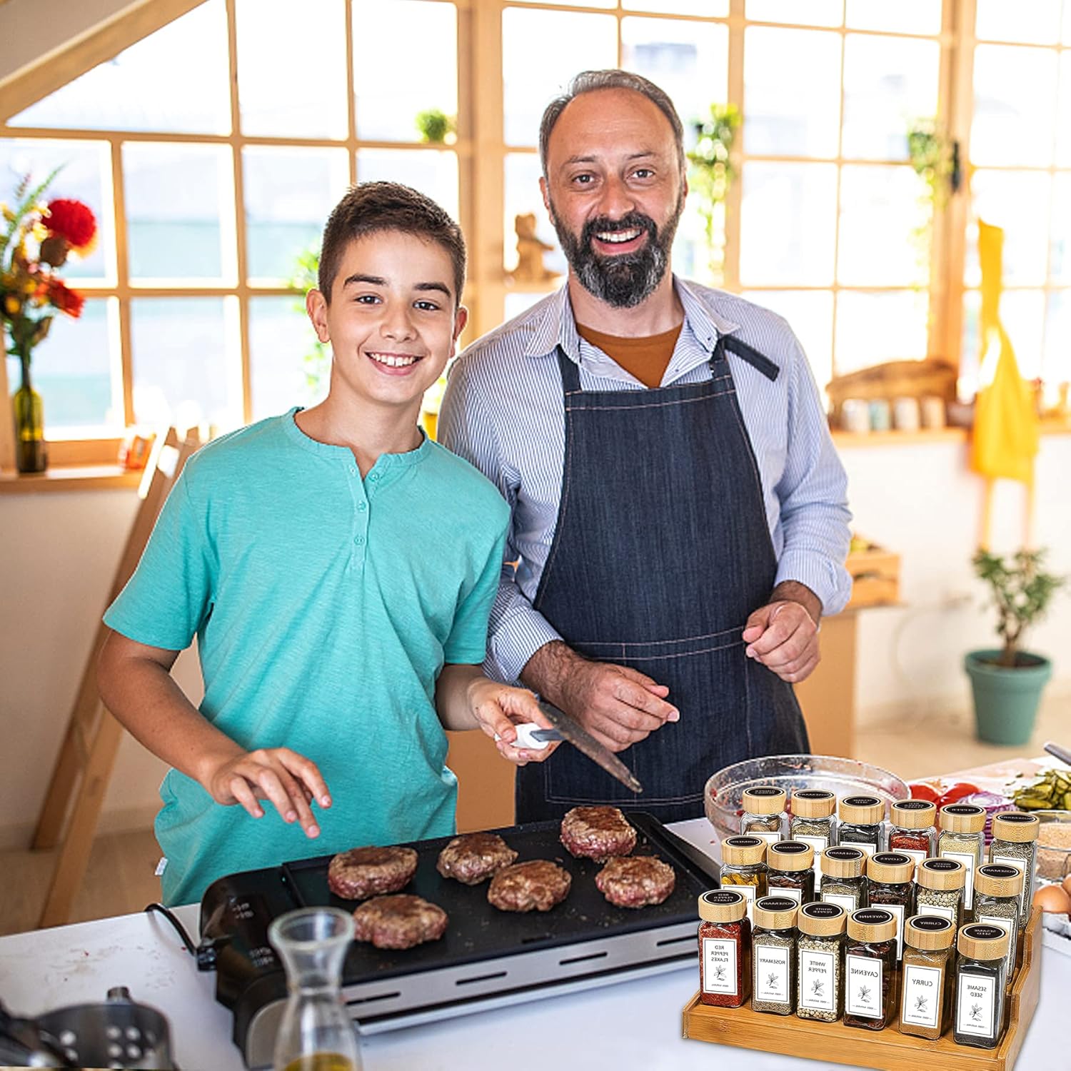 Aliggbent Spice Jars with Lable, 36 Pcs 4 oz Glass Spice Jars with Bamboo Lids, Spice Containers Bottles, Glass Seasoning Jars with Shaker Lids, Collapsible Funnel, for Spice Racks, Pantry,Cupboard