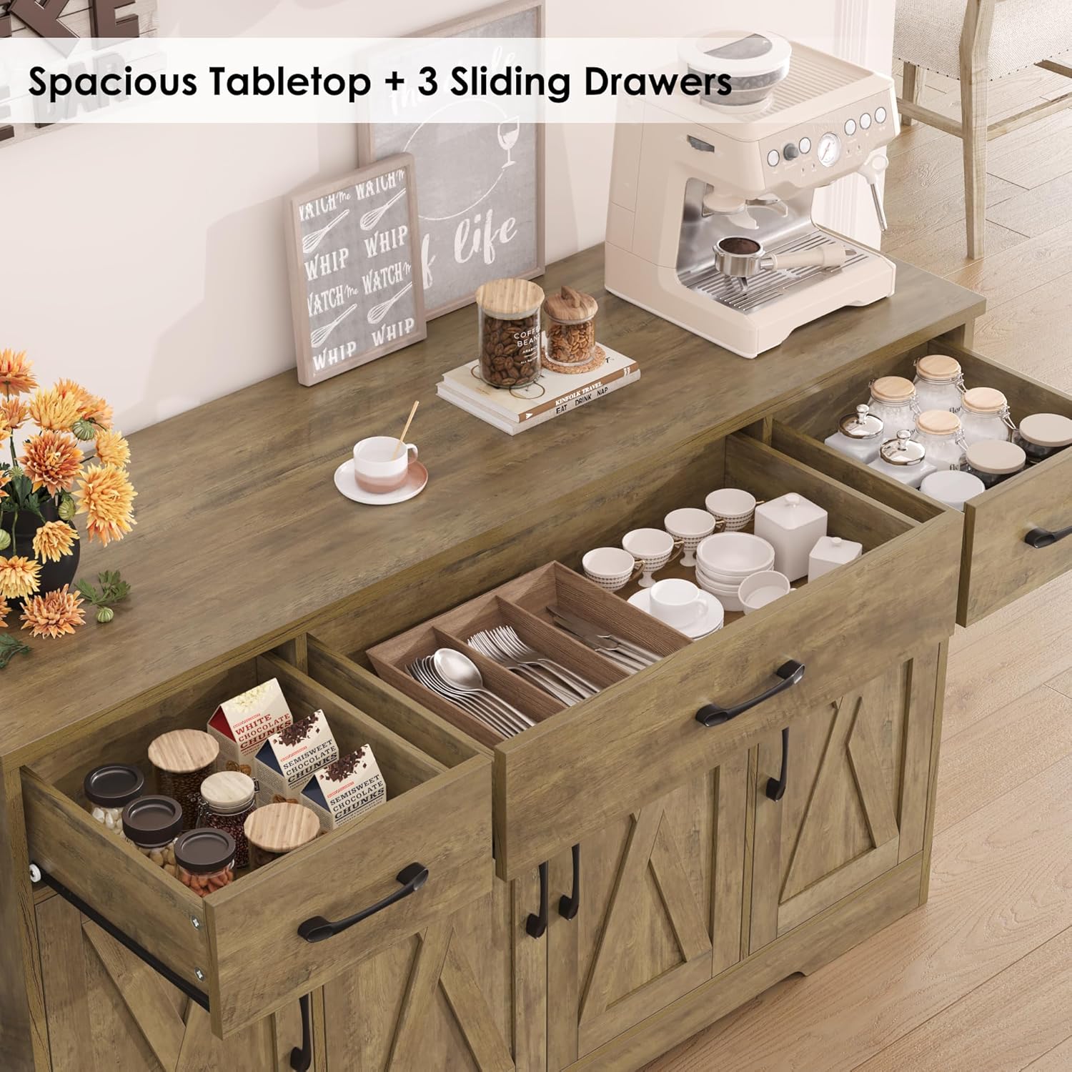 HOSTACK Buffet Sideboard Cabinet with Drawers, 55" Large Buffet Storage Cabinet with Shelves and Doors, Modern Farmhouse Coffee Bar Station Wood Kitchen Table for Kitchen, Dining Room, Rustic Brown