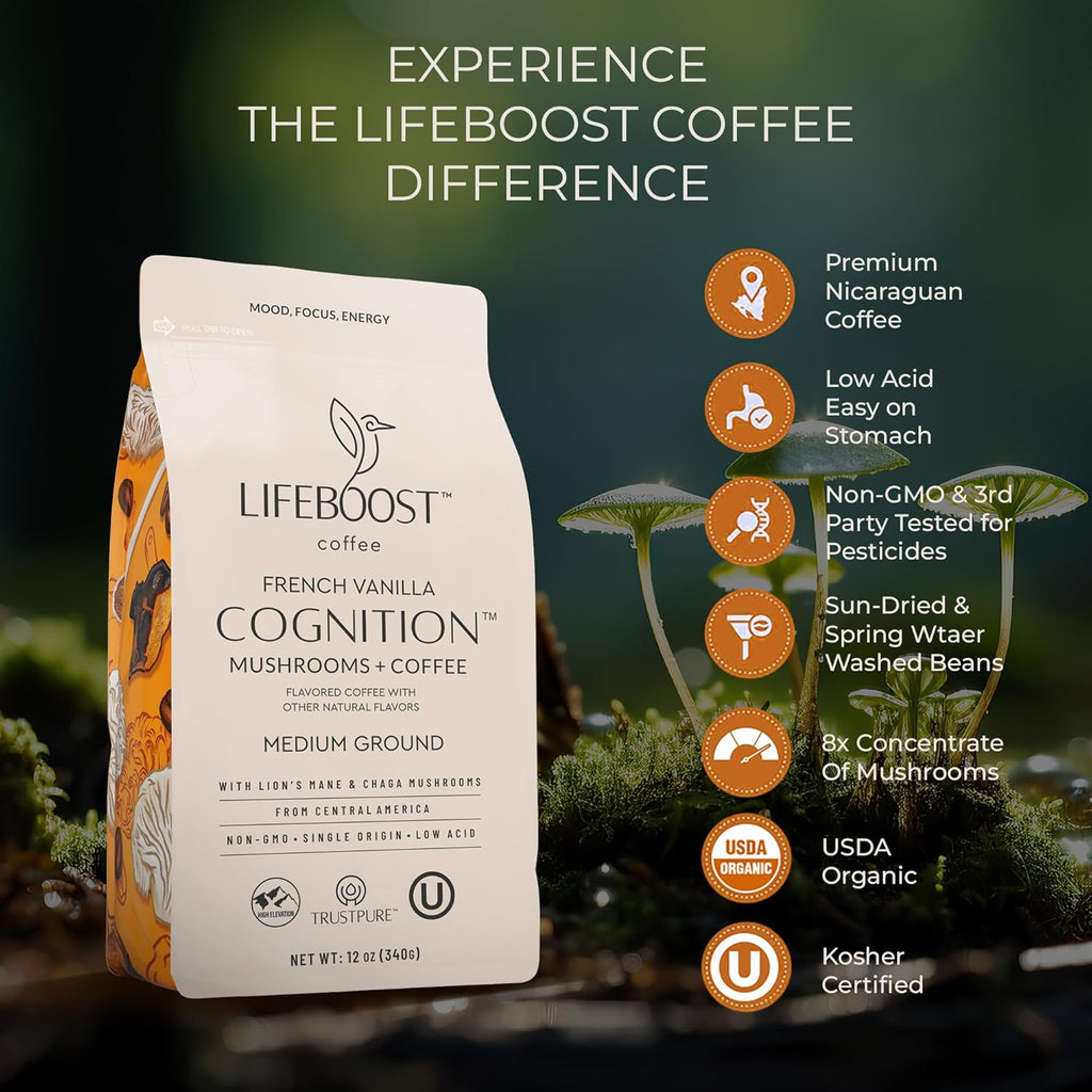 Lifeboost French Vanilla Cognition Mushroom Coffee - Low Acid Medium Organic Coffee with Nootropic Lions Mane & Chaga Mushrooms - Increase Energy, Boost Focus & Immune Support - 12 oz Bag - Ground