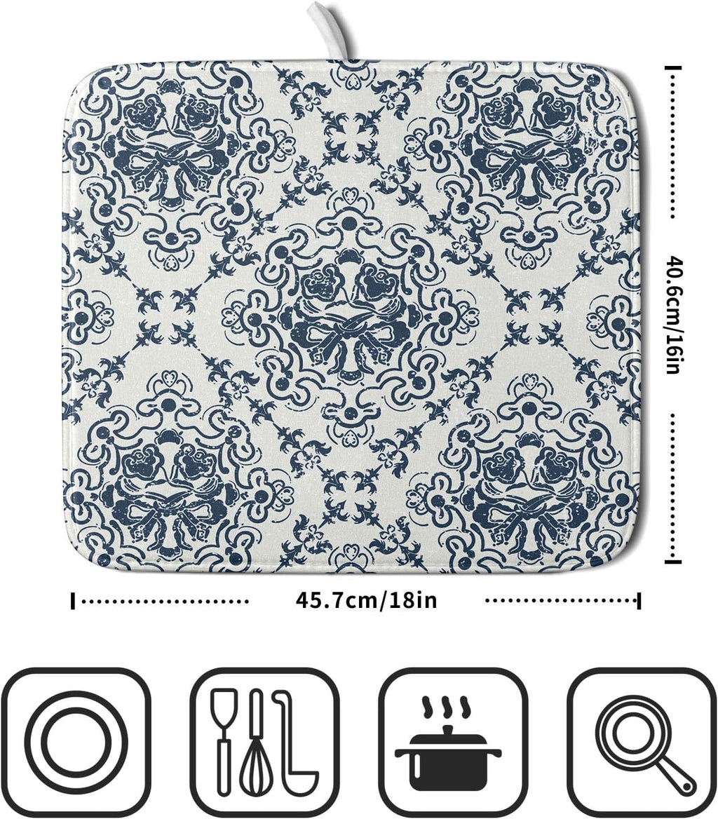 Bohemian Grey Retro Dish Drying Mat for Kitchen Counter,Boho Abstract Flower Art Drying Mat 16 x 18 Inch Microfiber Dish Drying Pad Dish Rack Pad Drainer Mat for Coffee Bar