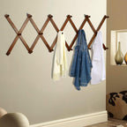 Dseap Accordian Wall Hanger: 16” High Wooden Wall Expandable Coat Rack, Hat Rack Holder, Accordion Hook for Baseball Caps, Coats, Mugs, 17 Peg Hooks, Brown