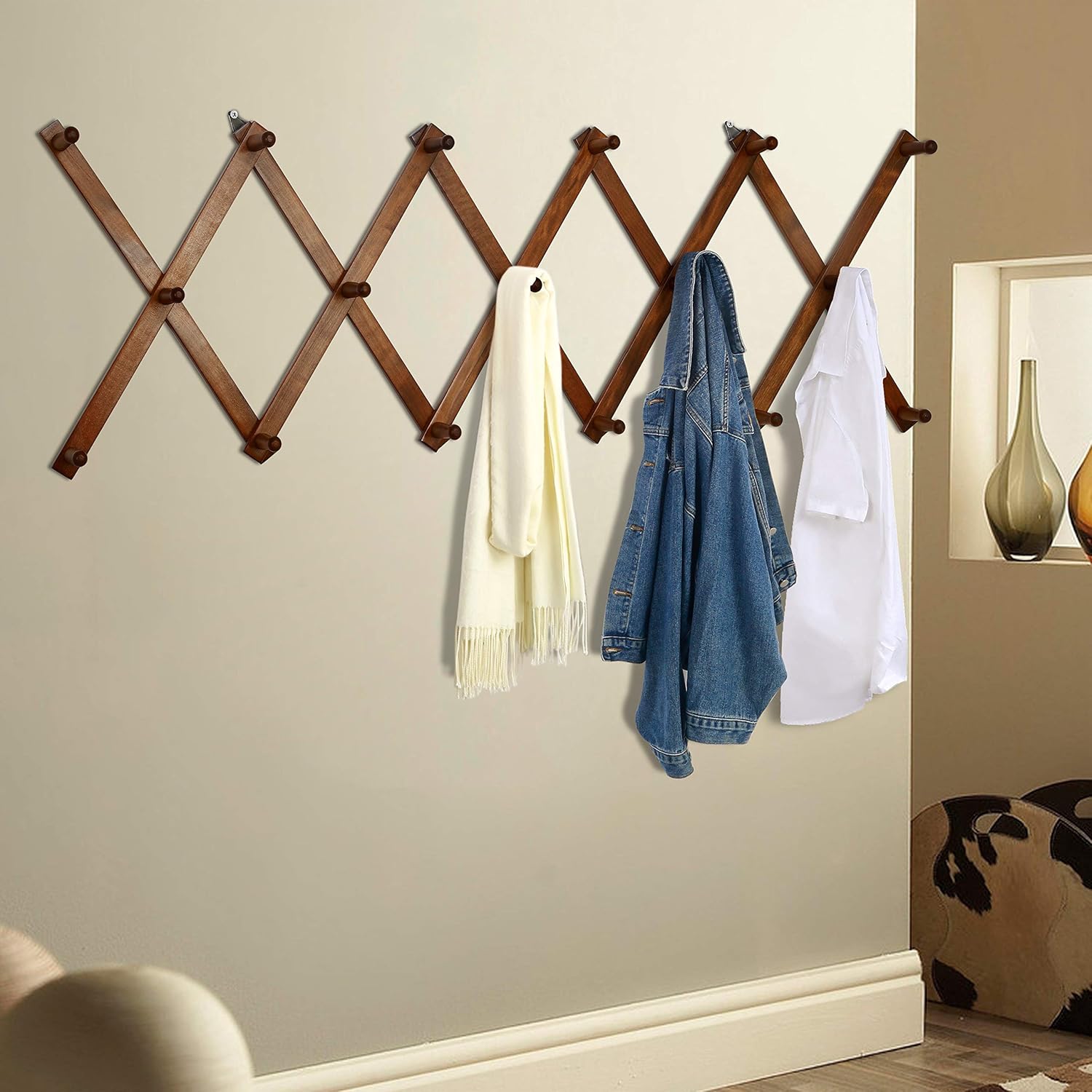 Dseap Accordian Wall Hanger: 16” High Wooden Wall Expandable Coat Rack, Hat Rack Holder, Accordion Hook for Baseball Caps, Coats, Mugs, 17 Peg Hooks, Brown