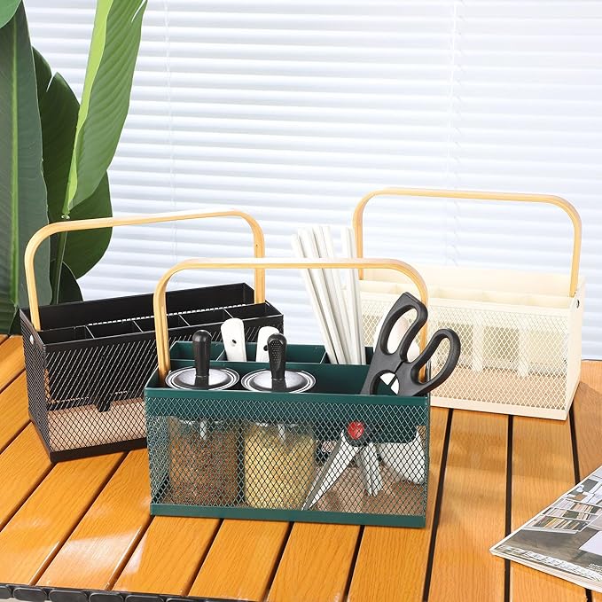 Utensil Caddy Metal Mesh Silverware Cutlery Organizer Basket with Bamboo Handle, Multi-Purpose Steel Wire Caddy 6 Compartment Flatware Basket for Kitchen, Countertop, Picnic, Restaurant, White