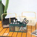 Utensil Caddy Metal Mesh Silverware Cutlery Organizer Basket with Bamboo Handle, Multi-Purpose Steel Wire Caddy 6 Compartment Flatware Basket for Kitchen, Countertop, Picnic, Restaurant, White