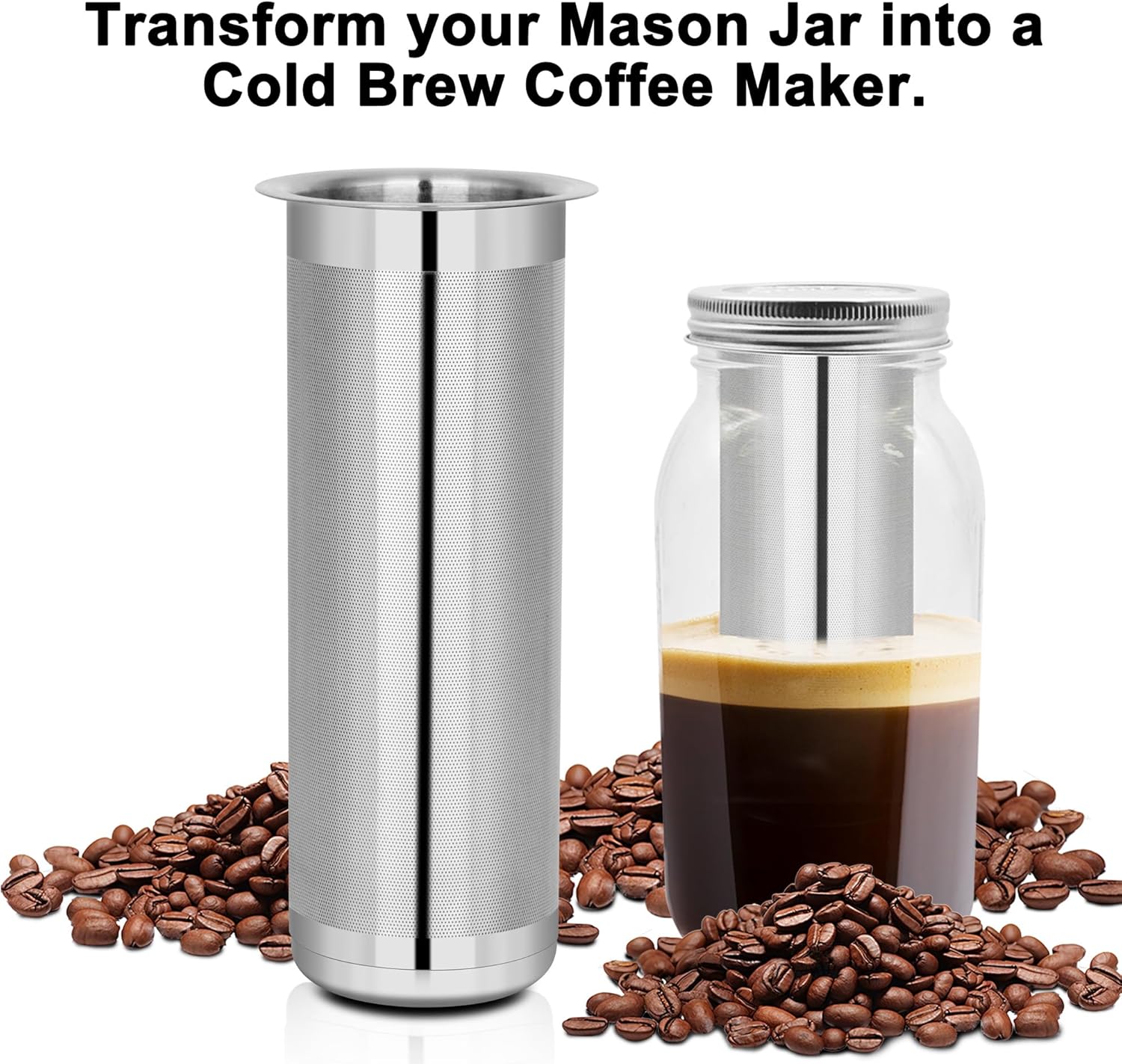 Cold Brew Coffee Filter for 1 Quart Wide Mouth Mason Jar, Double Layer 304 Stainless Steel Filter Ultra Fine Mesh for Cold Brew, Iced Coffee and Iced Tea