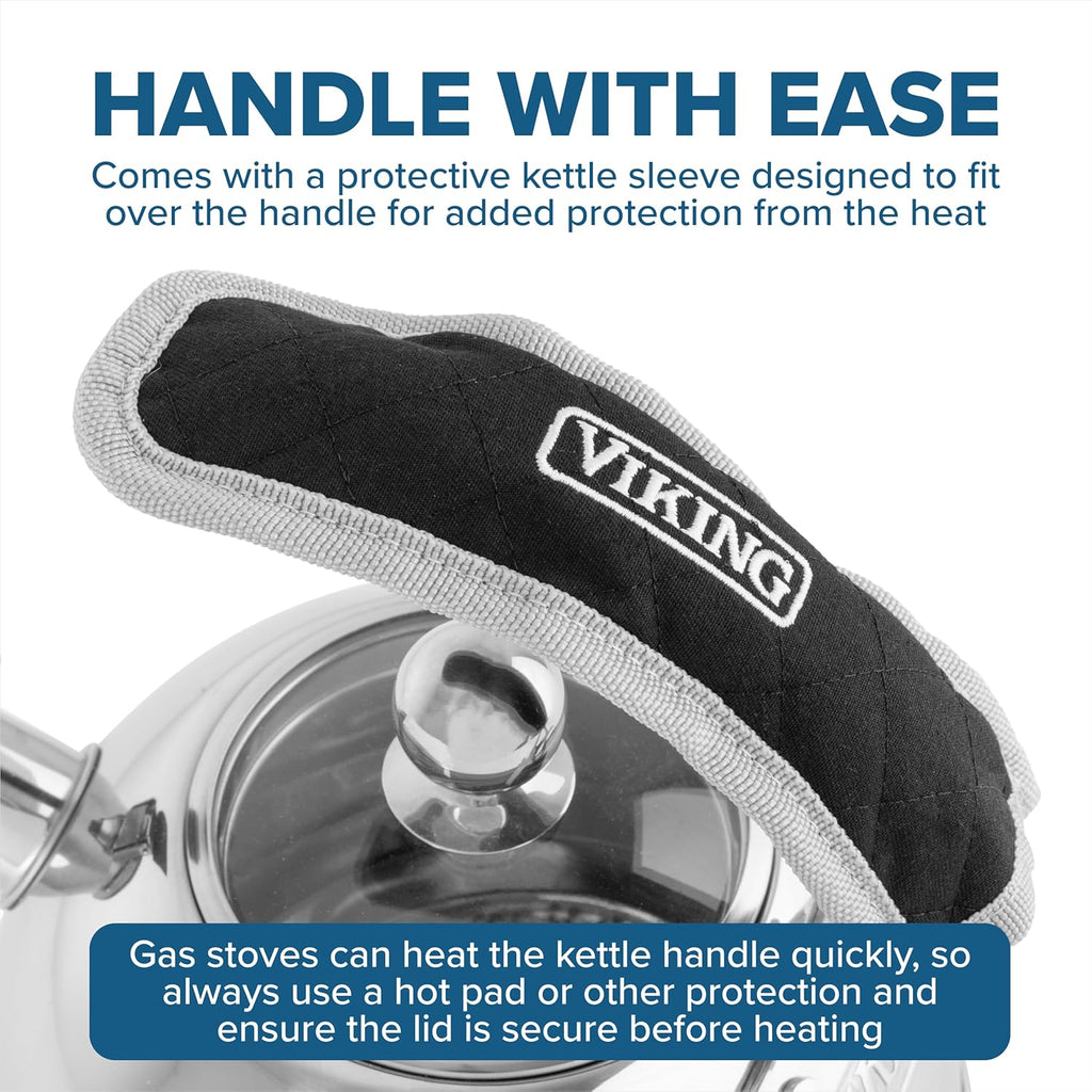 Viking 3-Ply Stainless Steel Tea Kettle, 2.6 Quart Stovetop Hot Water Pot with Tempered Glass Lid, Ergonomic Handle, Induction Ready, Mirror Finish