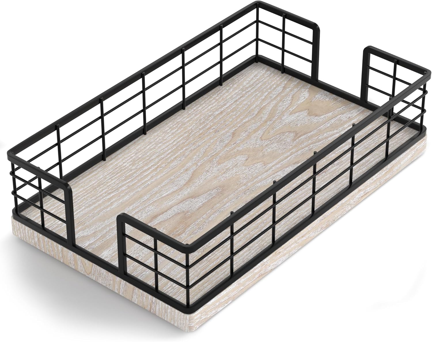 Wican Guest Towel Holder Tray for Bathroom, Ash and Iron Napkins Holder for Powder Room Dinning Table Wooden Basket for Disposable Paper Hand Towels Black and Ash Whitewashed