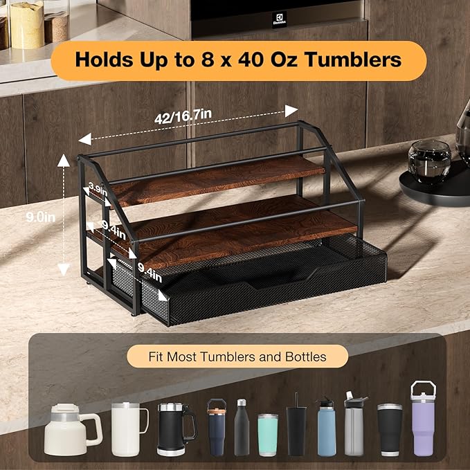 MOJOHAND Water Bottle Organizer for Stanley, 3-Tier 8 Bottles Rack with Storage Basket for Cup Accessories, Large Tumbler Holder Stand, Water Bottle Holder Wine Rack