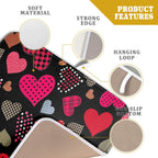 Happy Valentine's Day Black Dish Drying Mat for Kitchen Counter,Pink Love Heart Drying Mat 16 x 18 Inch with High Absorbent Microfiber Drainer Mat for Coffee Bar