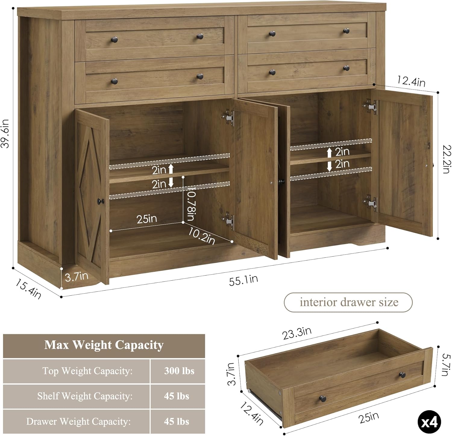 HOSTACK 55" Coffee Bar with 4 Large Drawers, 40" Tall Buffet Cabinet with Storage, Kitchen Storage Cabinet, Modern Farmhouse Sideboard Buffet, Adjustable Shelves for Living Room, Rustic Brown