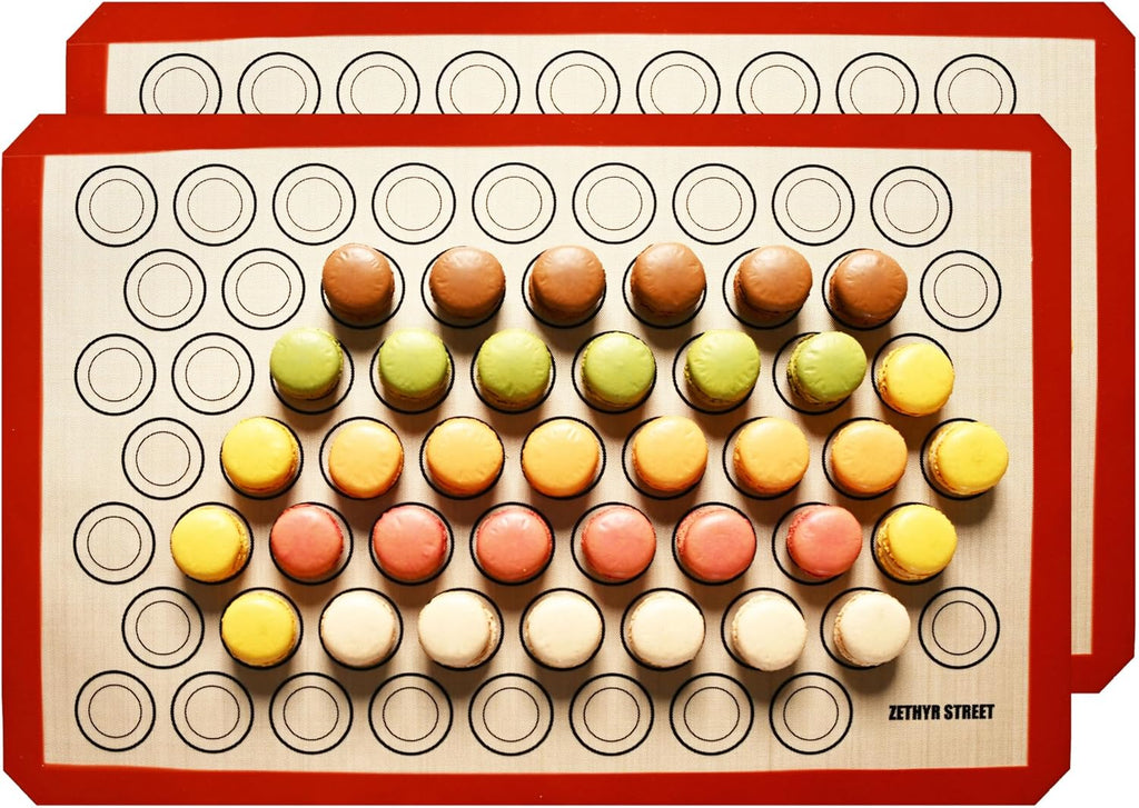 Macaron Silicone Baking Mats - Set of 2 - Full Size - 16.5 x 24, Non-Stick Macaron Mat for Perfect Baking - Dishwasher & Oven Safe, Ideal for Macarons, Cookies, Bread, Red Border