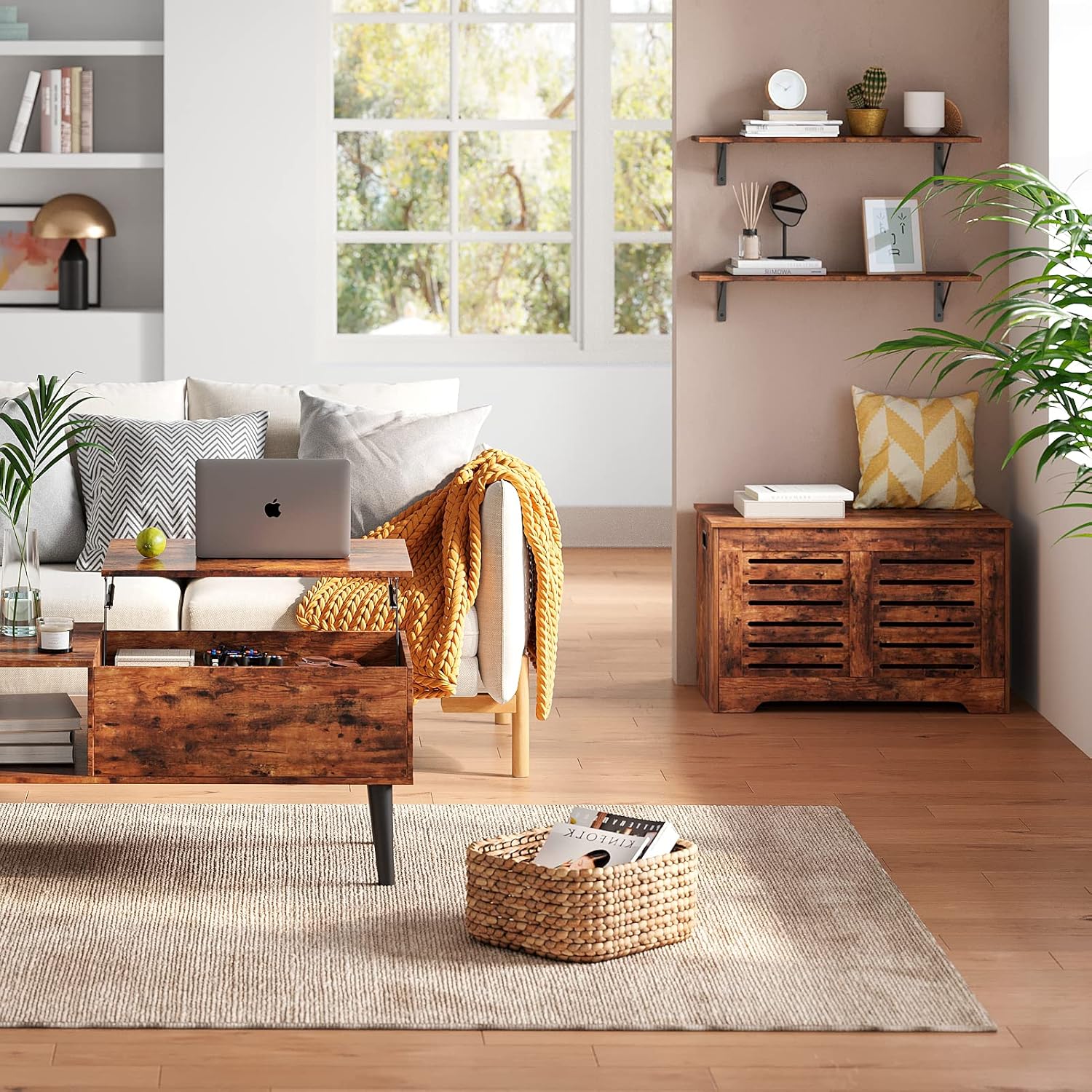 DINZI LVJ Long Wall Shelves, Set of 4, 31.5Inch Wall Mounted Shelves, Extra Large Wall Storage Ledges with Sturdy Metal Brackets for Living Room, Bathroom, Bedroom, Kitchen, Rustic Brown