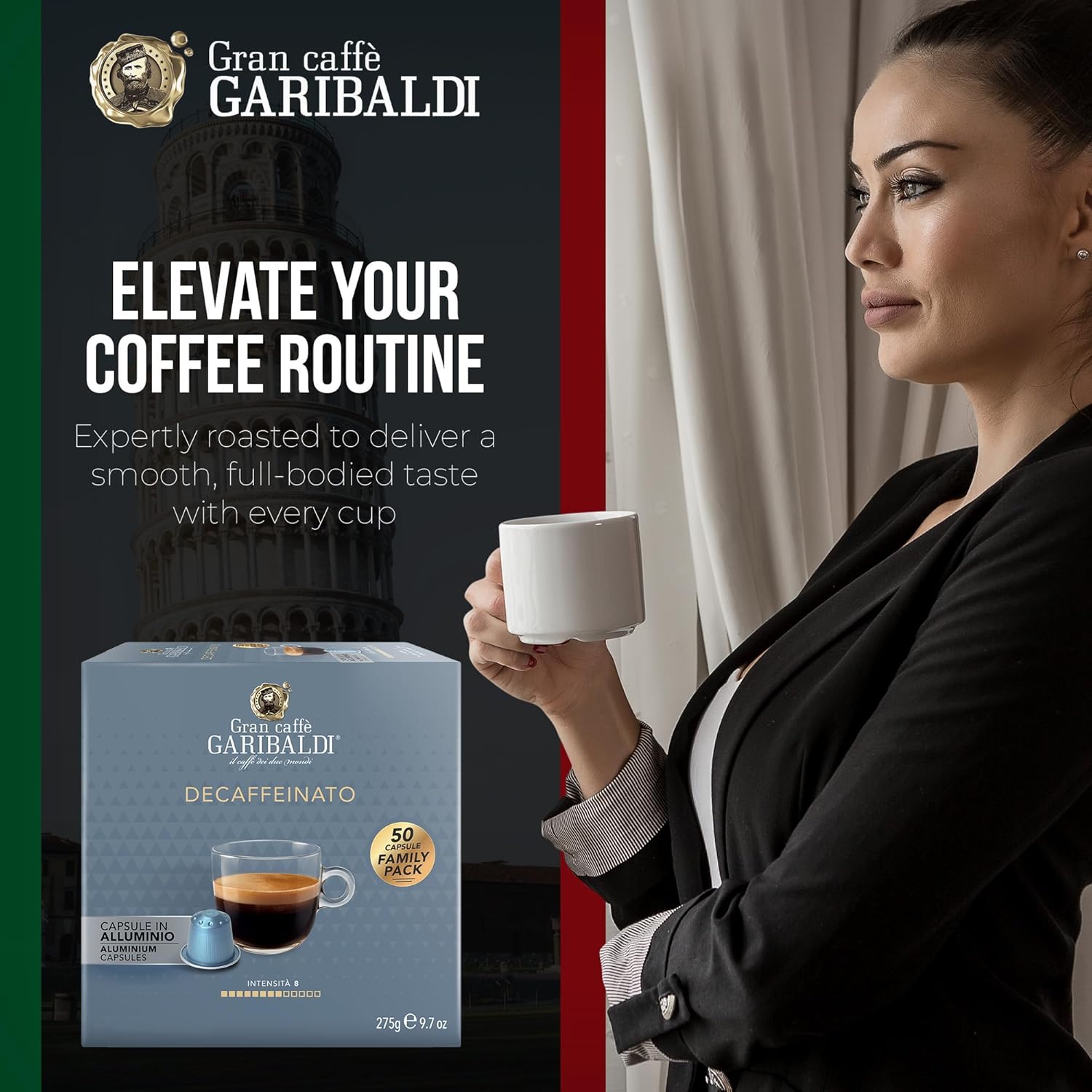 Gran Caffè Garibaldi Decaffeinated Espresso Pods, Italian Roast Coffee, Decaf Capsules Compatible with Nespresso Original Line Machines, Nitrogen Flushed, Intense & Rich Aroma - Decaffeinato (Aluminum) 50 Cups