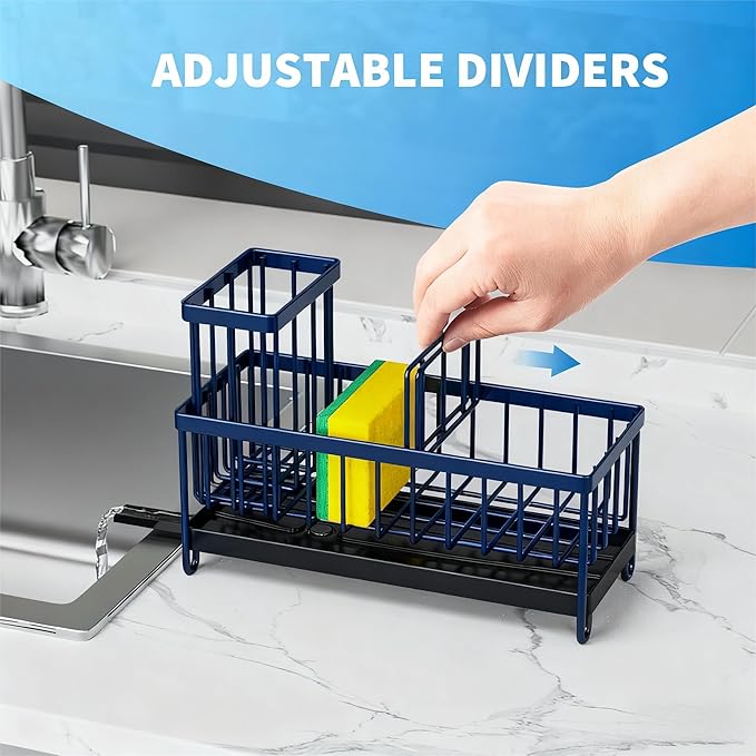 Cisily Sponge Holder Sponge Holder for Kitchen Sink, Sink Caddy Organizer with High Brush Holder, Kitchen Countertop Navy Blue Accessories and Decor