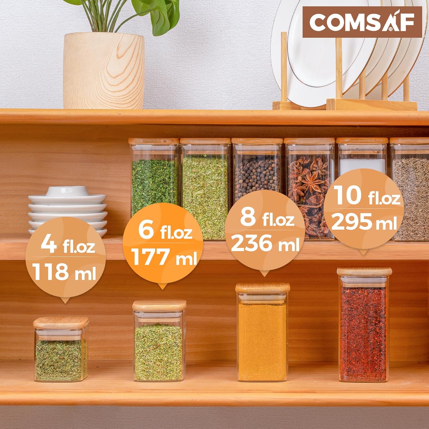 ComSaf 16Pcs Glass Spice Jars with Bamboo Lid, 6oz Airtight Square Containers with 275 Black Lables, Empty Seasoning Jars for Salt Sugar