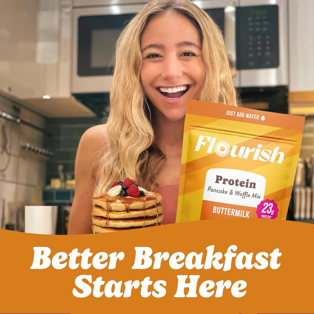 Flourish Protein Pancake & Waffle Mix, with Whey Protein & Flax Seed, No Added Sugar, High in Protein & Fiber - Just Add Water - Buttermilk Flavour, 430 g (2 Pack) - Made in Canada