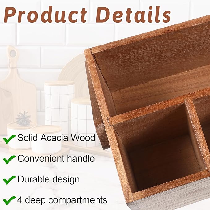 Acacia Silverware Caddy, Natural Wooden Flatware Organizer with Adjustable Handle, Outdoor Utensil Holder Box Multi-Purpose Storage Container for Kitchen Counter, Party, Table, Camping, Picnic