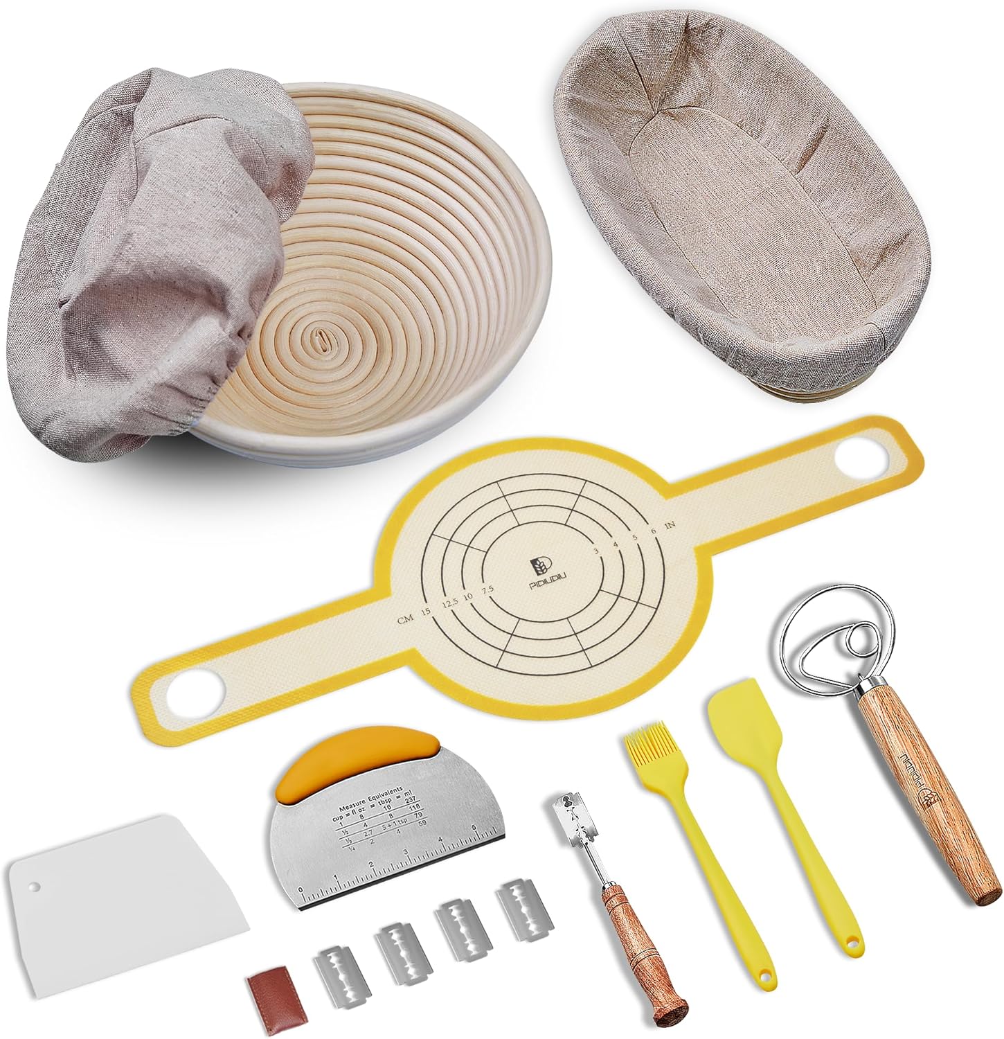 Sourdough Bread Baking Set - 10 Inch Oval & 9 Inch Round Banneton Bread Proofing Baskets with Linen Liner, Danish Dough Whisk, Dough Scraper Kit