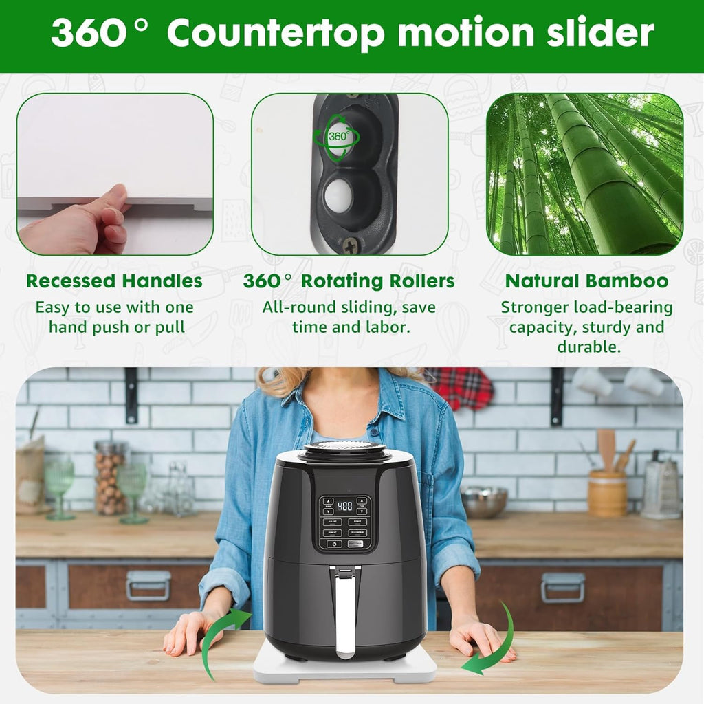 Appliance Slider 360° Rolling Tray for Coffee Maker- Bamboo Coffee Pot Slider Tray Countertop Rotation Sliding Tray with Wheels, Small Appliances Mat Easily from Under The Cabinet White(13.9"×9.4")