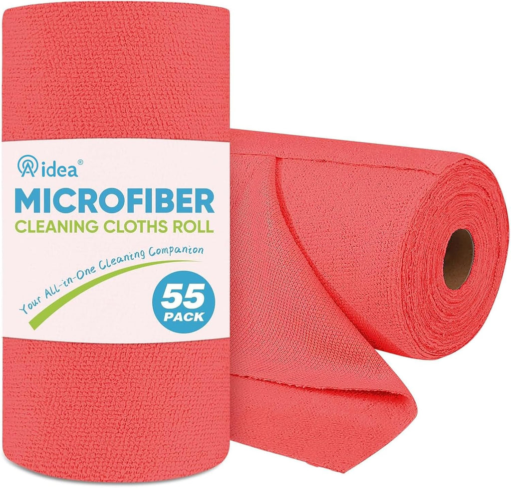 AIDEA Microfiber Cleaning Cloth Roll, Red Shop Towels 55 Sheets Washable, Microfiber Towels for Cars, Shop Rags Reusable Paper Towel for Automotive, Workshop, House, Kitchen, Cleaning Supplies11×9"