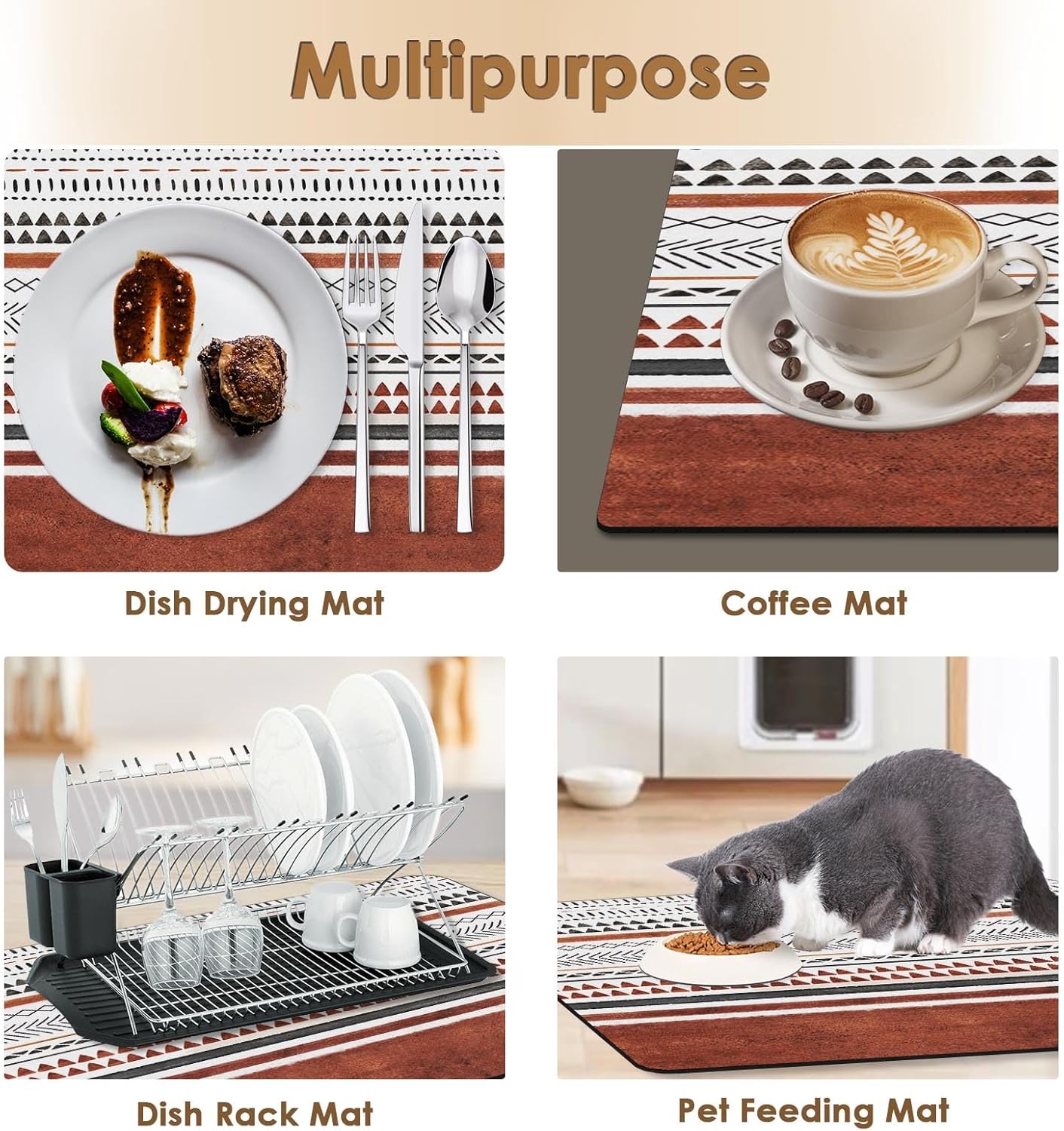 Arttown Coffee Mat for Countertops, Rust Stripes Boho Industrial Art Dish Drying Mat 2 Pcs for Kitchen Bar Accessories, Fit Under Coffee Maker Espresso Machine Dish Rack Hide Stain Rubber 12x19in