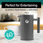 Coffee Gator French Press Coffee Maker 34oz, Double Insulated Stainless Steel Brewer plus Travel Jar Canister, Portable Hot Cold Brew Tea Cafetera for Coffee Bar Accessories Kitchen Camping, Black