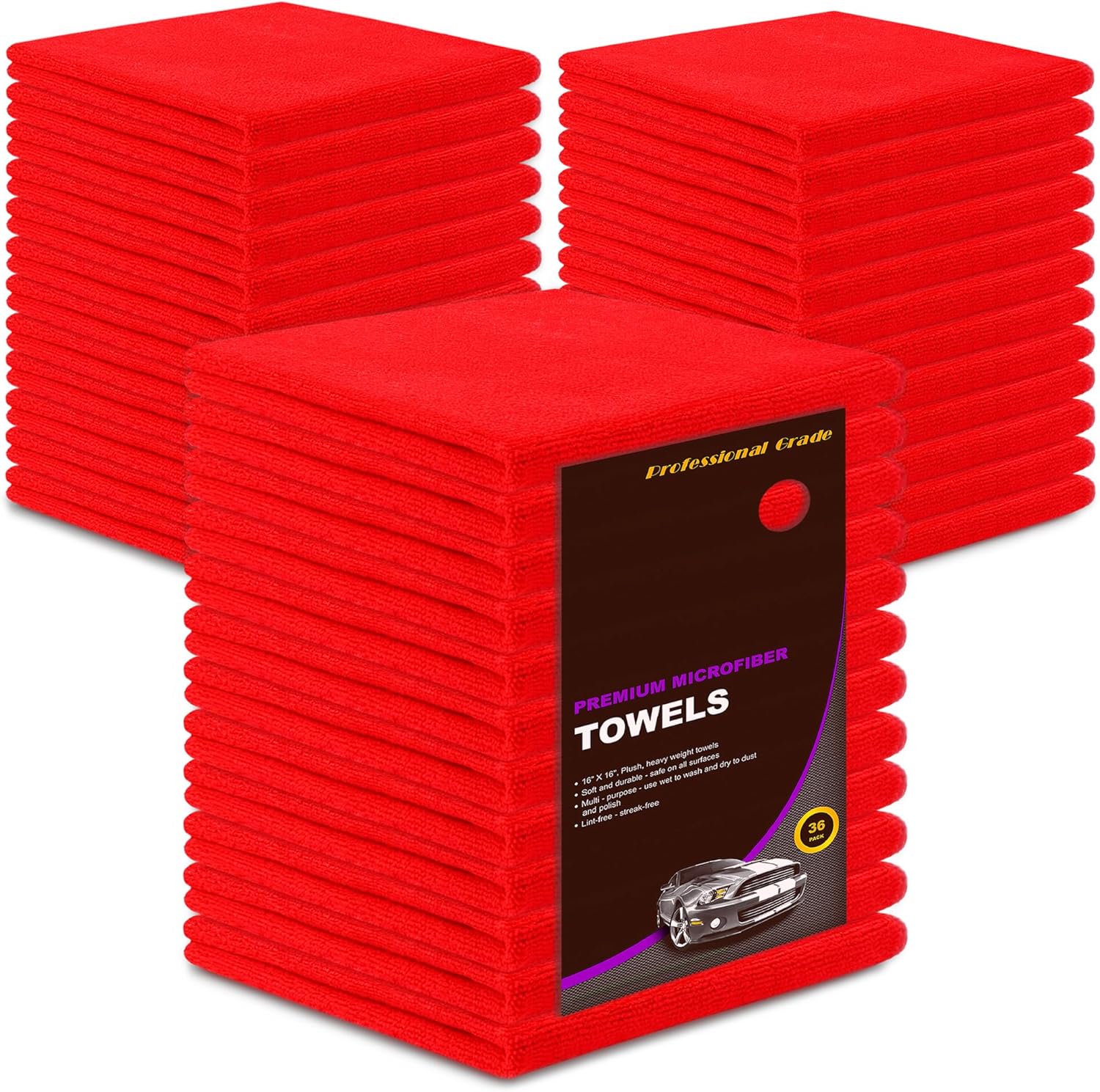 Microfiber Cleaning Towels, 3 Dozen Commercial and Household Bulk Pack, Ultra Soft Plush Wash-Cloths, Micro-fiber Detailing Cleaning Cloths for Car, Household and Commercial (Red, 16" x 16")